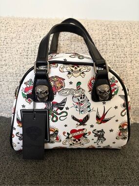 Ed Hardy White Tattoo-Print Satchel with Black Handles